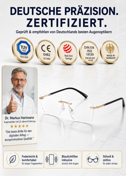 👓 Echtzeit-Anpassung – Kein Glaswechsel nötig! Randlose Diamant-Schneidelesebrille mit Blaulichtfilter