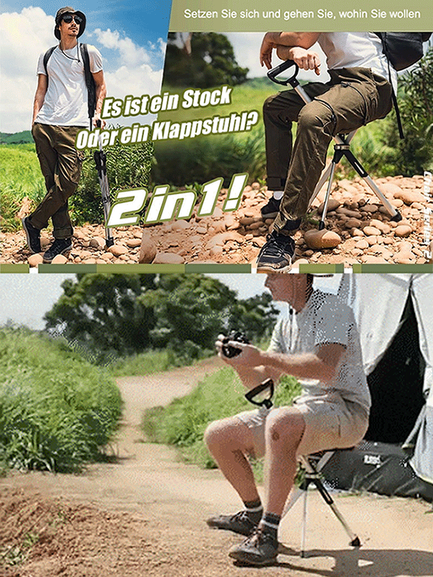 ✨Klappbarer Krückenstuhl für den Außenbereich✨Ein Gehstock, der in einer Sekunde zum Sitz wird – entspannen Sie jederzeit und überall💺