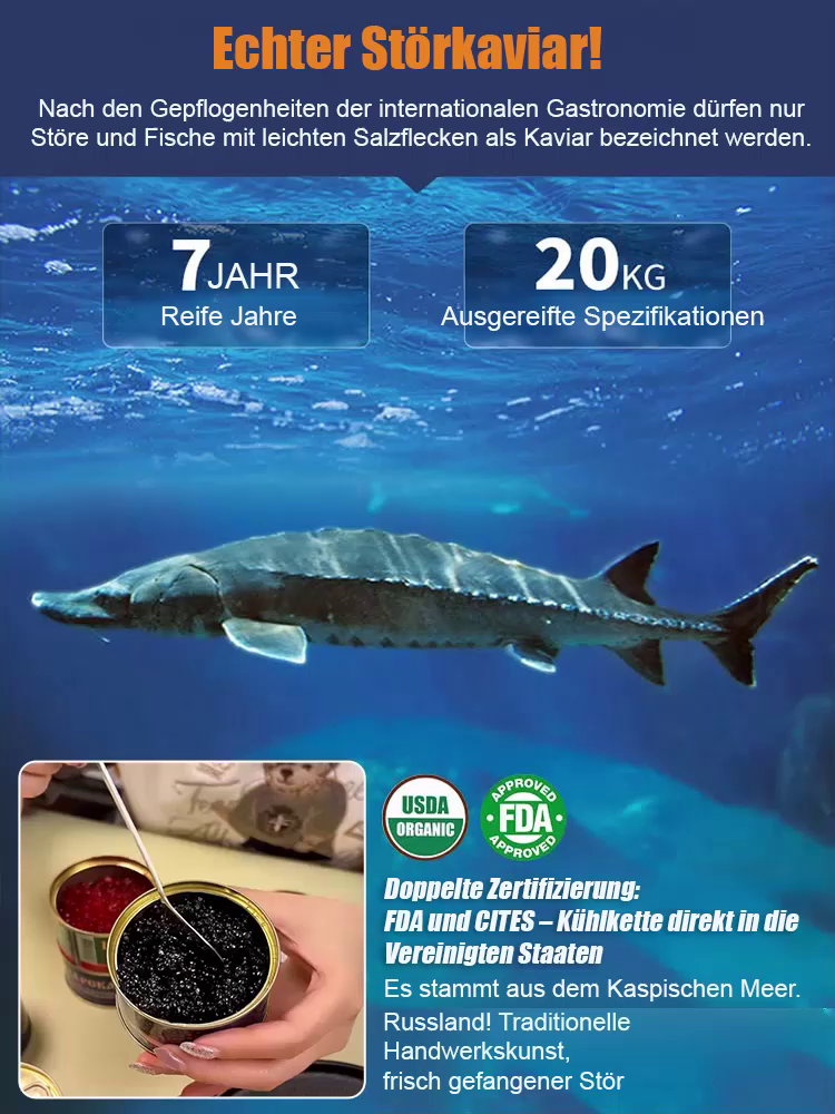 【Russischer importierter Störkaviar】❤️Pur und frisch: Nur Fischrogen und natürliches Meersalz✨Exklusiver Genuss für die ganze Familie: Weltklasse-Kaviar, ganz ohne Restaurantpreis