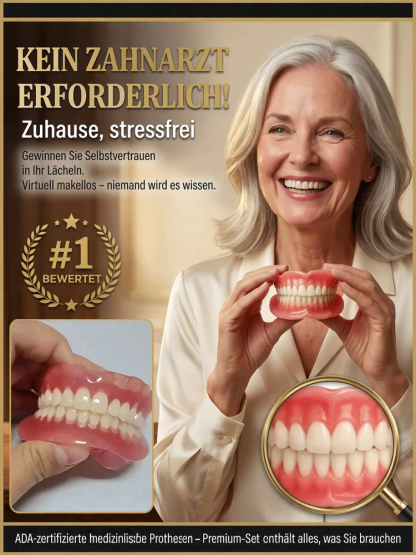 ADA-zertifizierte medizinische Zahnprothese  🦷  in nur 1 Sekunde angebracht. Kein Beschleifen der Zähne, kein Klebstoff erforderlich – bequem und sicher.