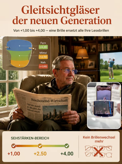 【Kein Sehtest nötig】Die Brille mit automatischem Gleitsicht-Zoom