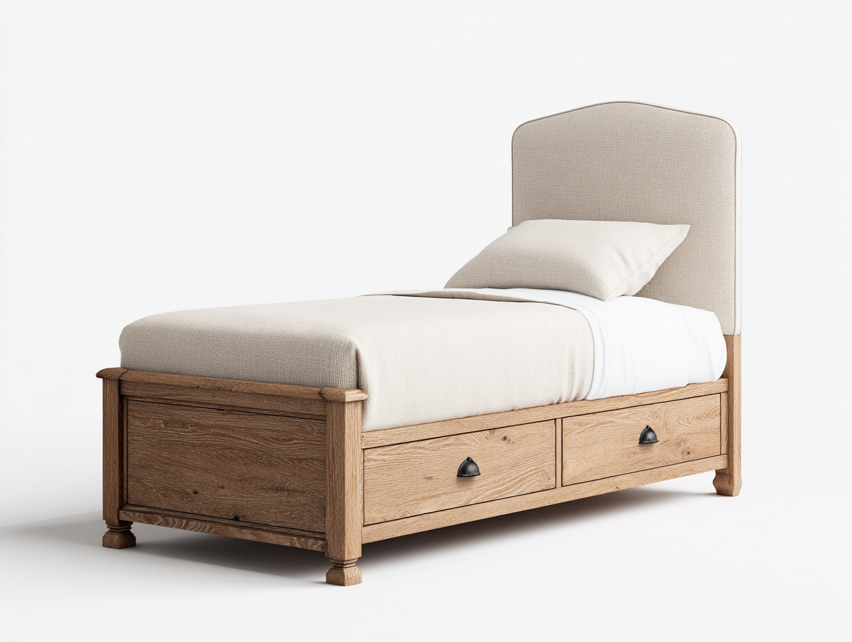 Letto singolo in legno e tessuto 200x100x110 cm beige-legno naturale con cassetti stile classico-Villaano