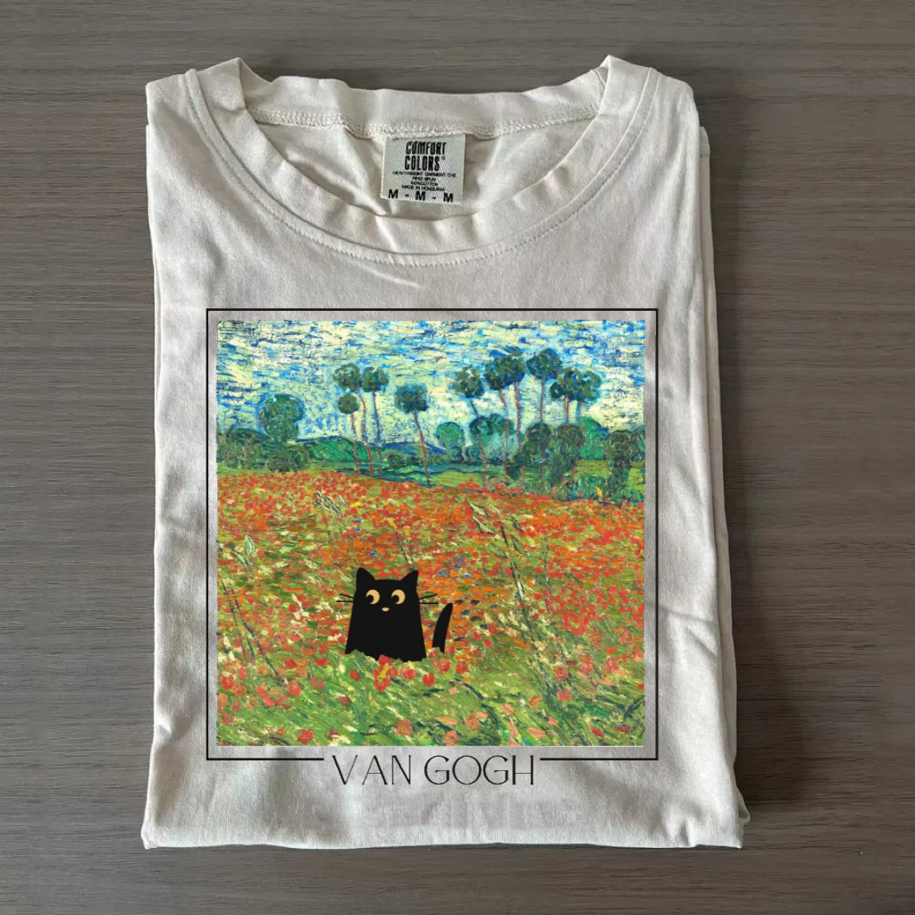 Van Gogh's Poppy Field Art with Black Cat T-shirt