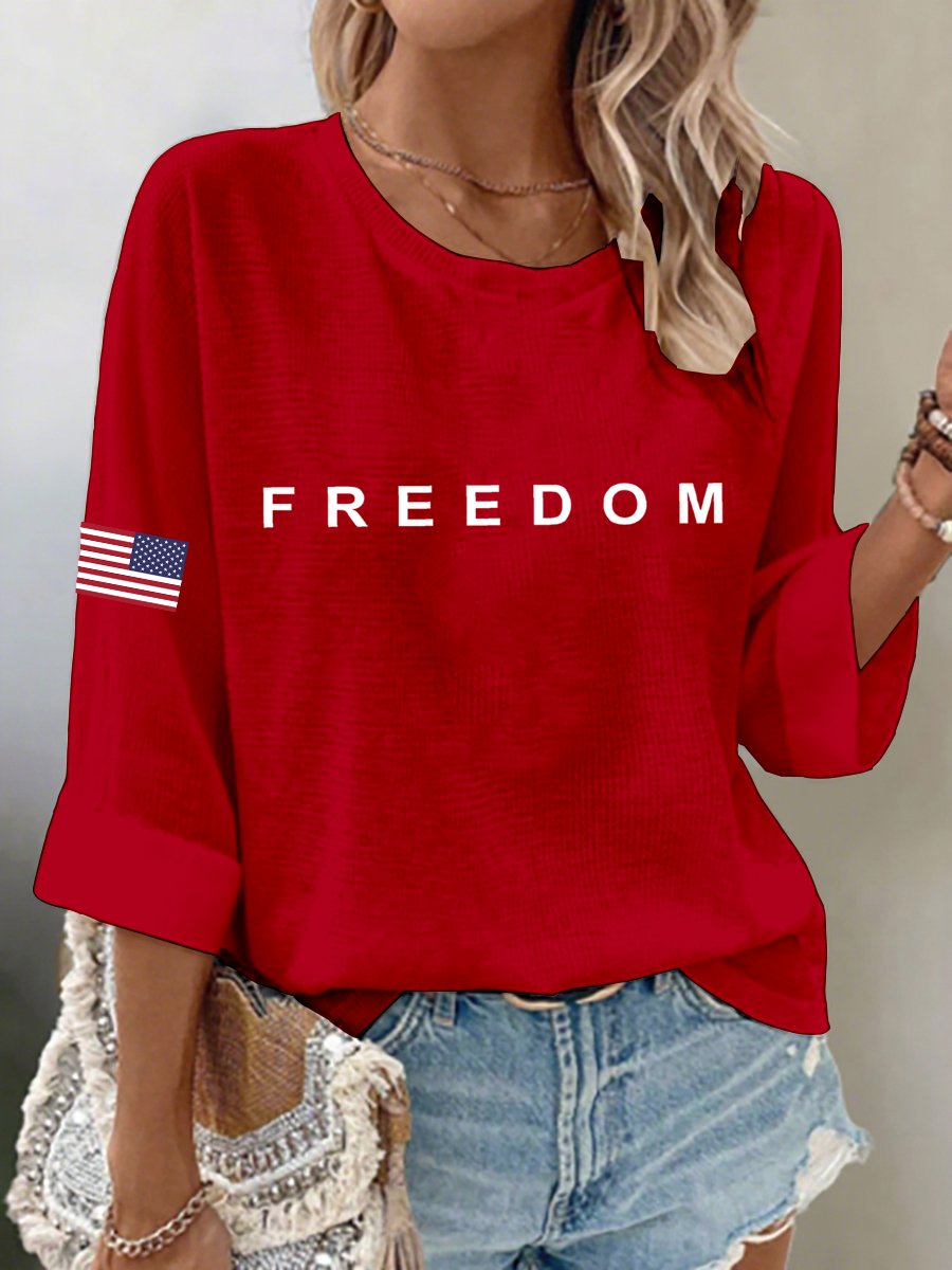 Women's Freedom American Flag Print Waffle Long Sleeve T-Shirt-America250