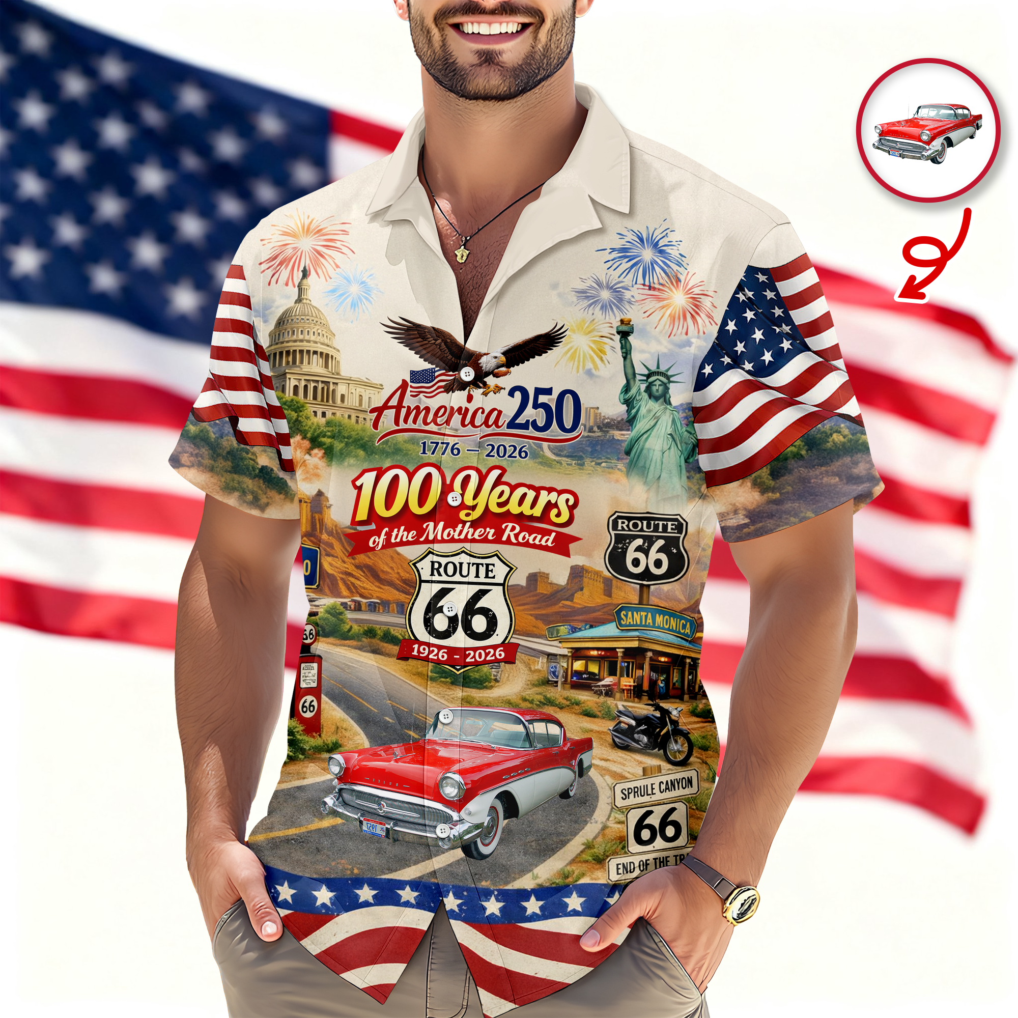 Celebrate 100 Years of Road Route 66 and America 250th Anniversary Custom Car Photo Hawaiian Shirt