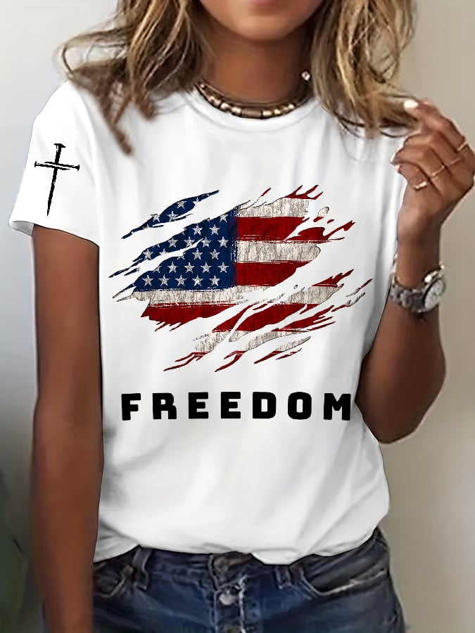 Women's Freedom American Flag Print Casual T-shirt-America250