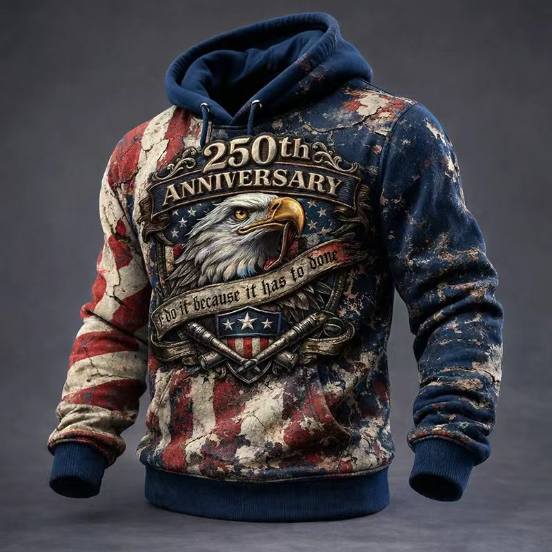 🏆Vintage Denim Embroidered Hoodie💖US 250th Anniversary Edgy Casual Sweatshirt