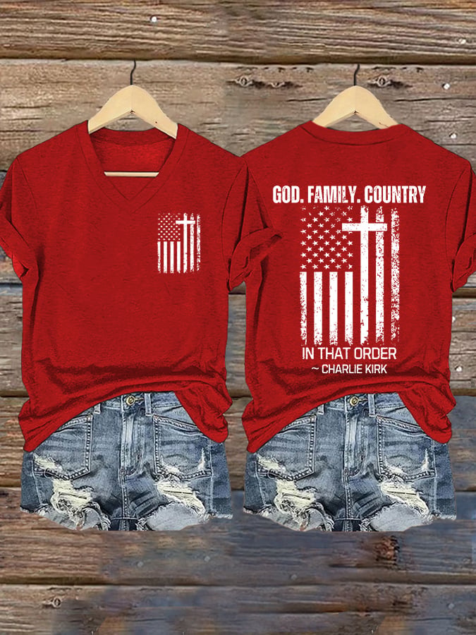 Women's God Family Country In That Order Print V Neck T-shirt-America250