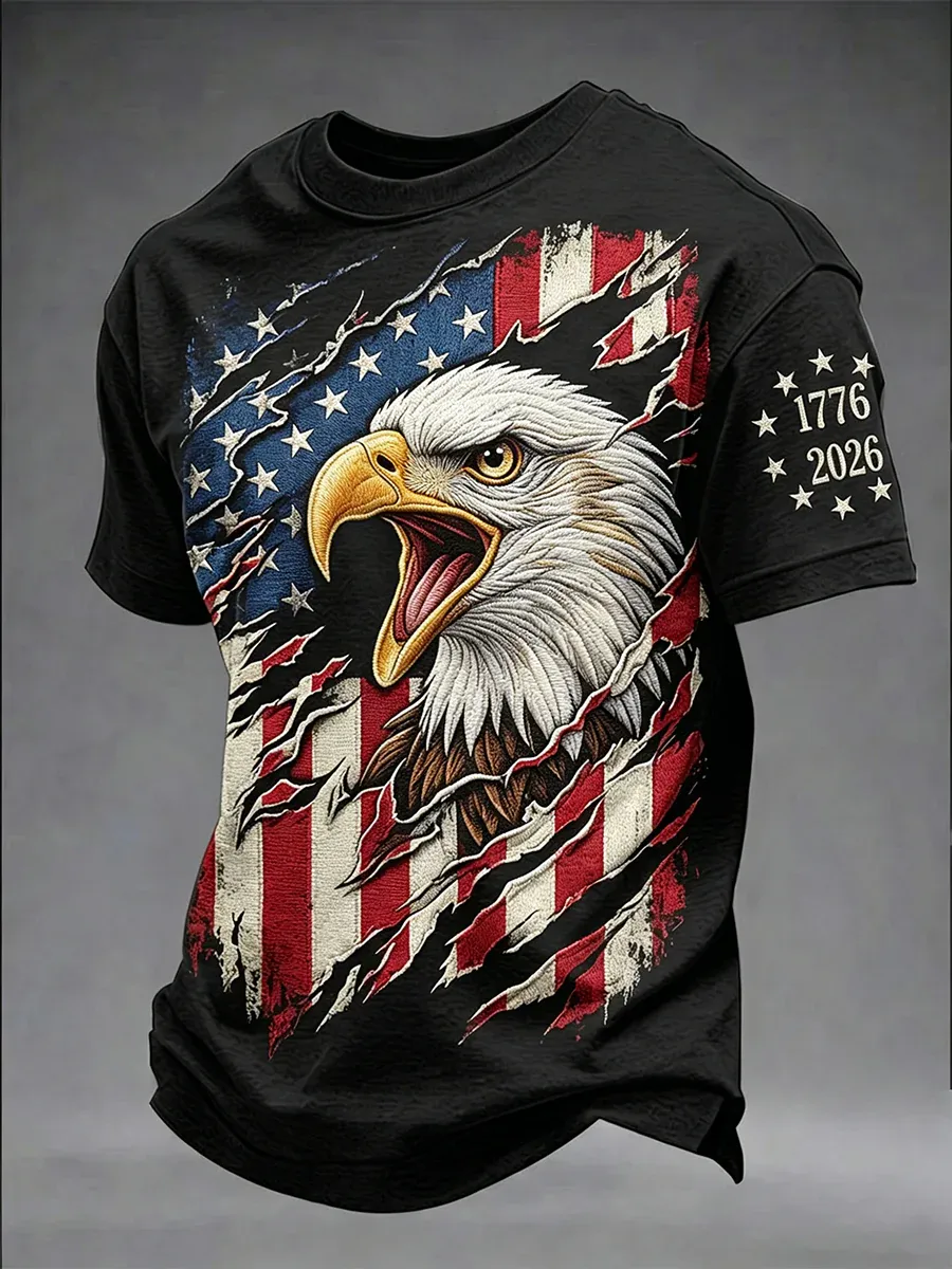 Men's Retro Independence Day Eagle Pattern Casual Short Sleeve T-shirt-America250