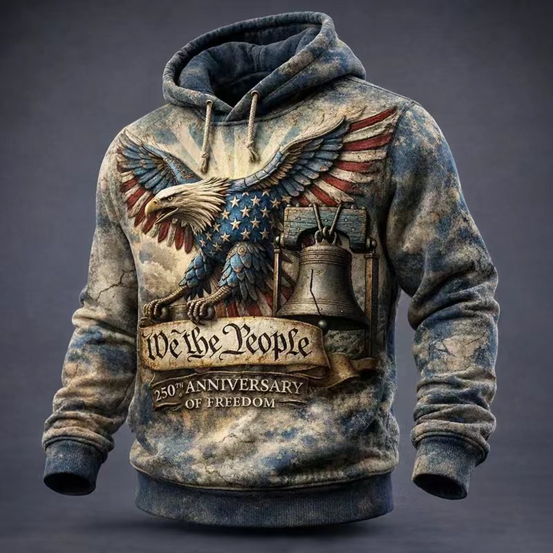 🏆Vintage Denim Embroidered Hoodie💖US 250th Anniversary Edgy Casual Sweatshirt