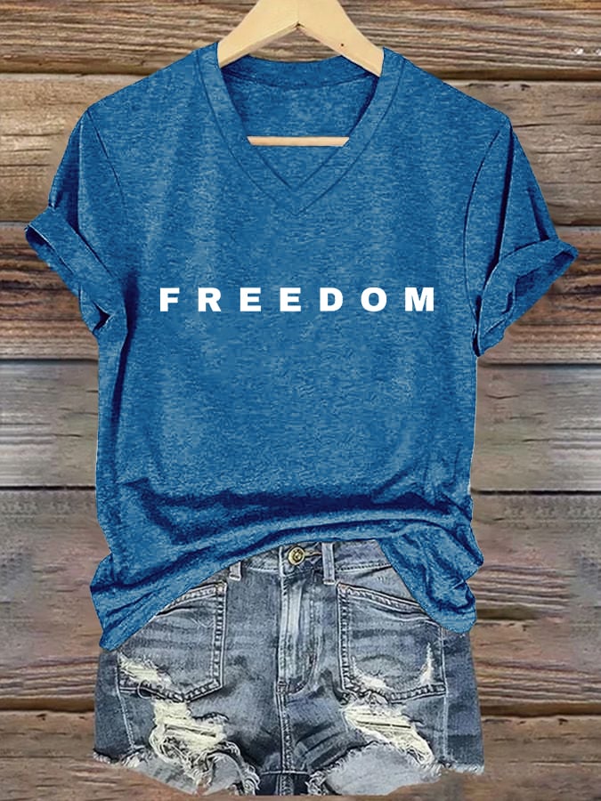 Women's Freedom Print V Neck T-shirt-America250