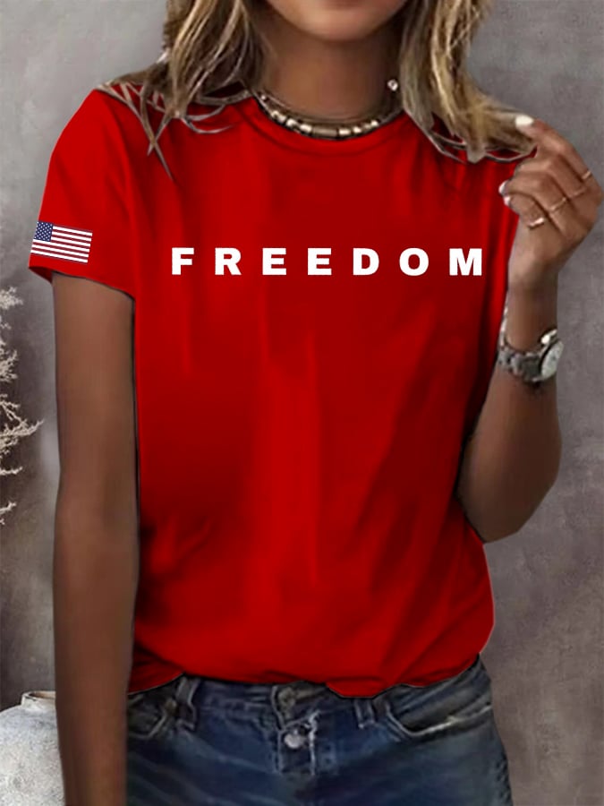 Women's Freedom American Flag Print Casual T-shirt-America250