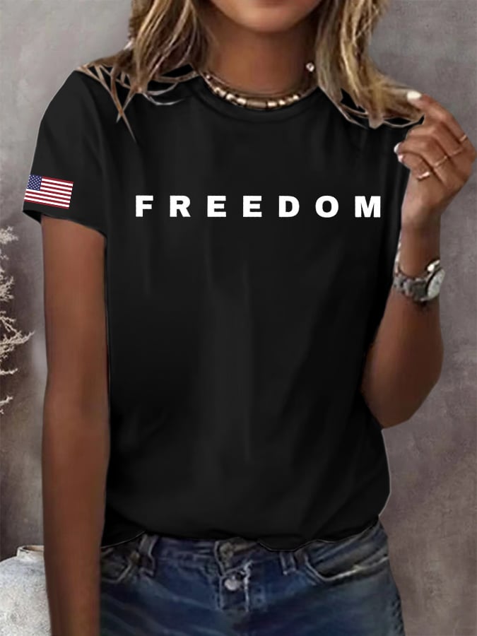 Women's Freedom American Flag Print Casual T-shirt-America250