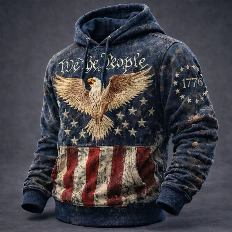 🏆Vintage Denim Embroidered Hoodie💖US 250th Anniversary Edgy Casual Sweatshirt