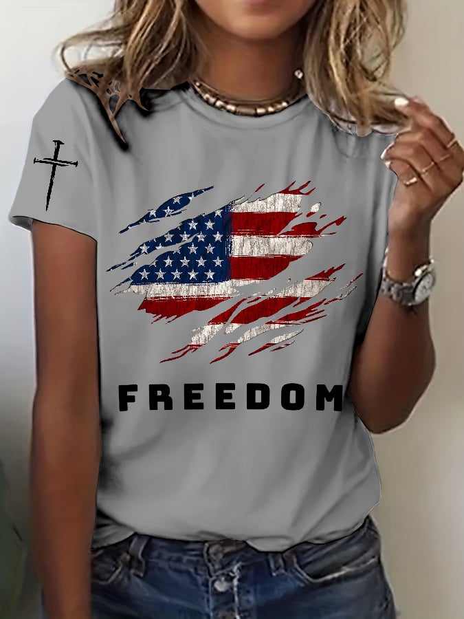 Women's Freedom American Flag Print Casual T-shirt-America250