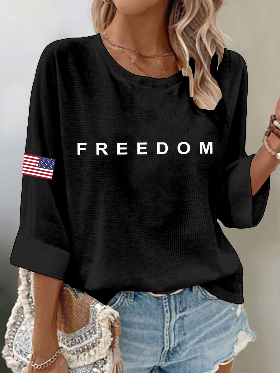 Women's Freedom American Flag Print Waffle Long Sleeve T-Shirt-America250