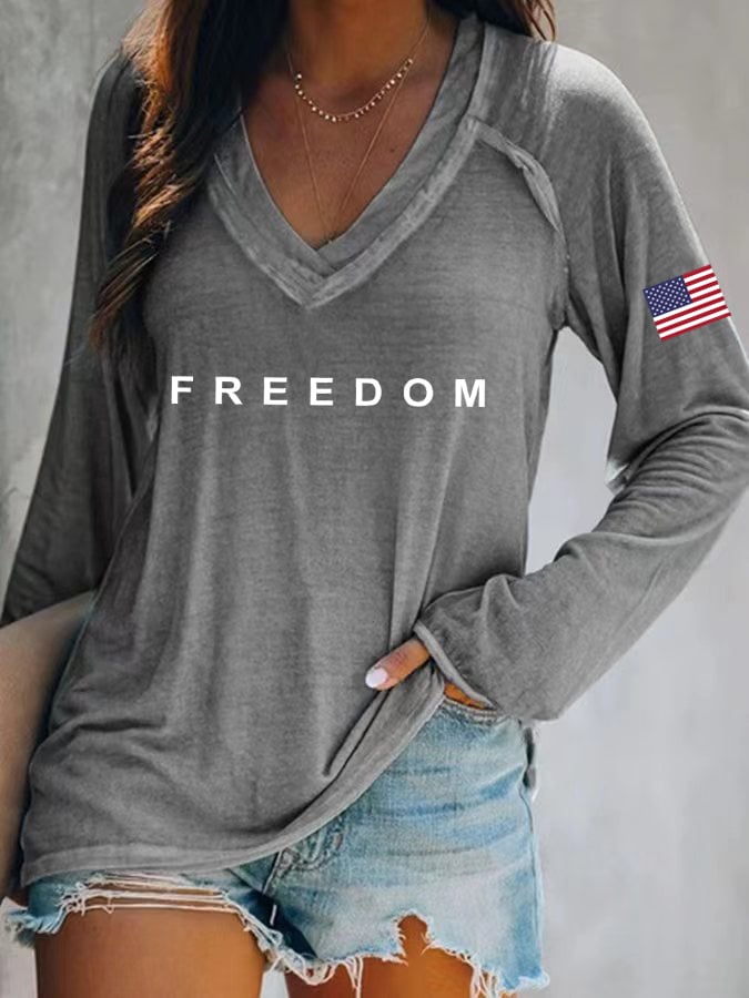Women's Freedom American Flag Print Casual T-Shirt-America250