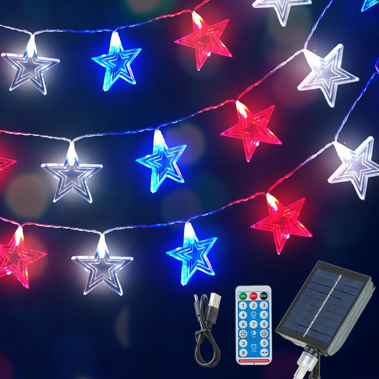 Solar Powered Fairy Lights Red White Blue Stars  60 Stars (9.5 feet)-America250