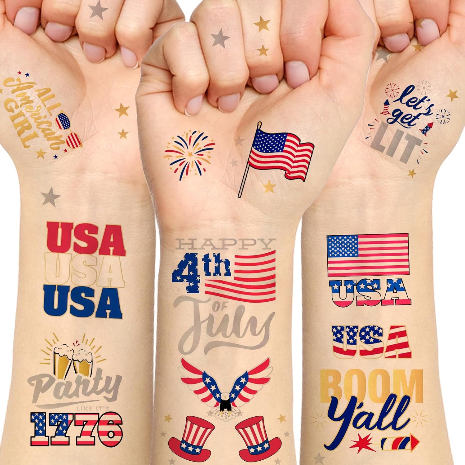 Fourth of July Temporary Tattoos 30 Styles America Glitter Tattoos, USA Flag-America250
