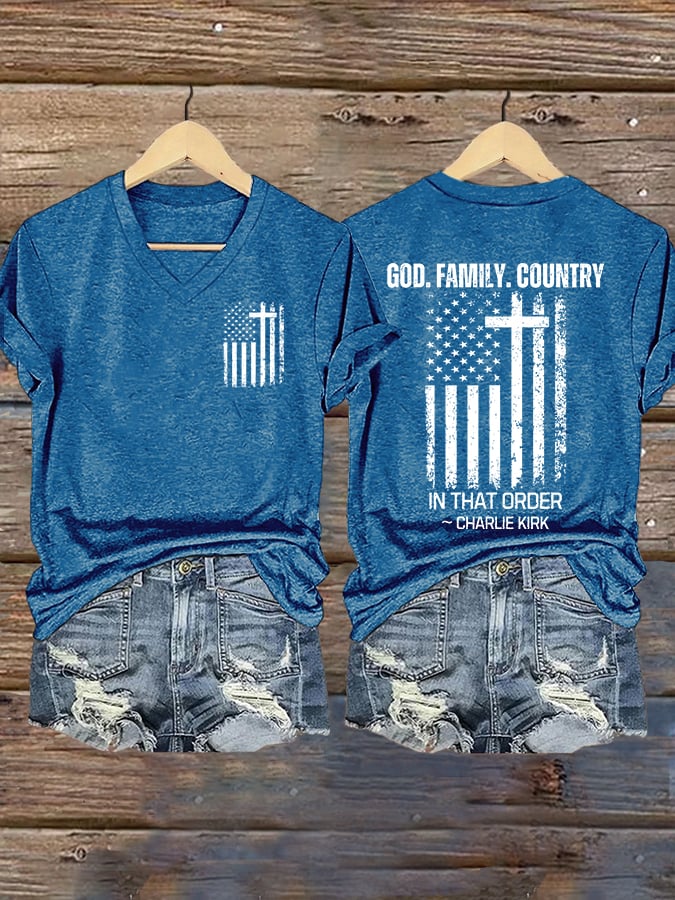 Women's God Family Country In That Order Print V Neck T-shirt-America250