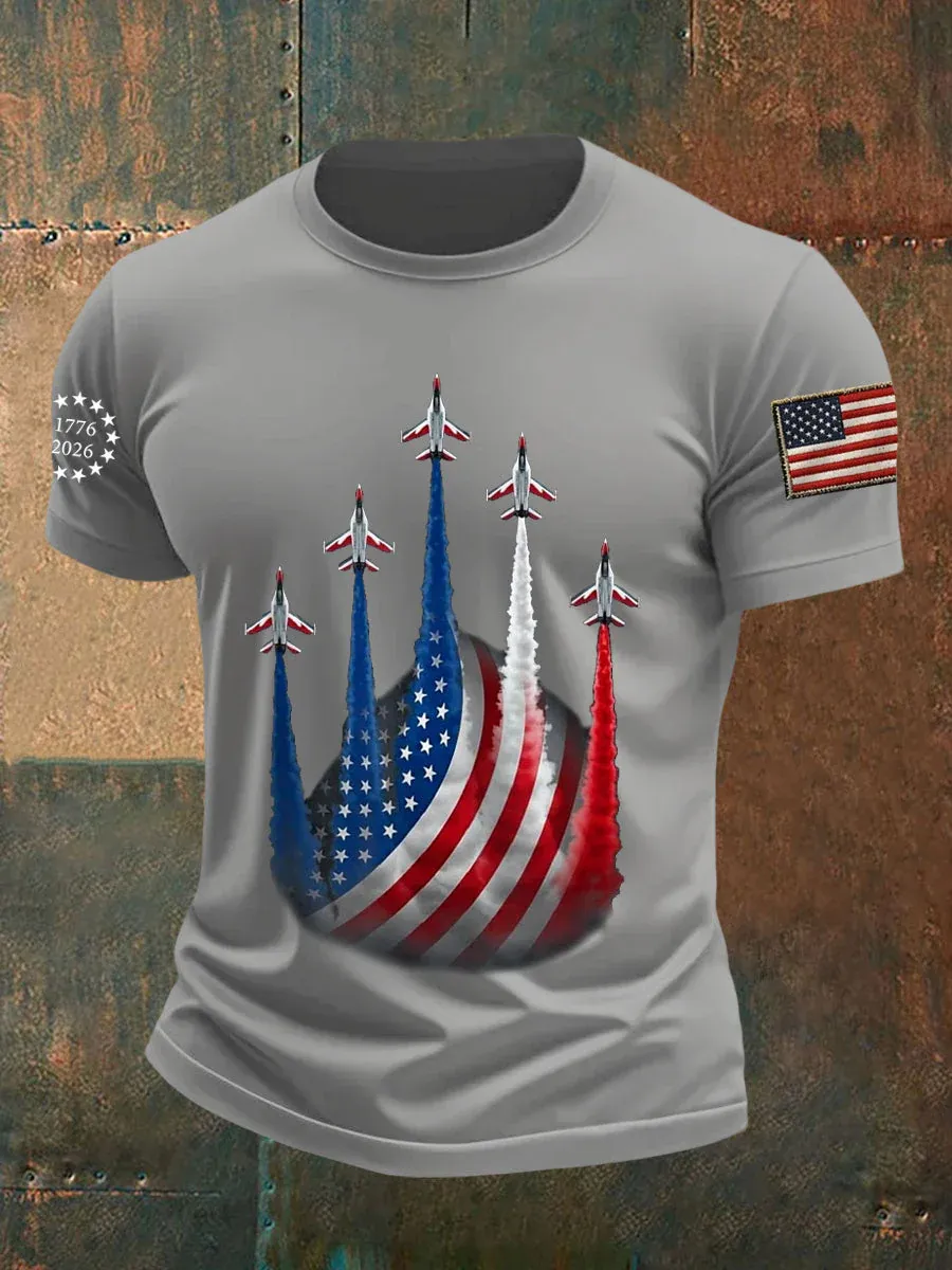 Men's Independence Day American Flag Jet Planes Print Casual Tee-America250