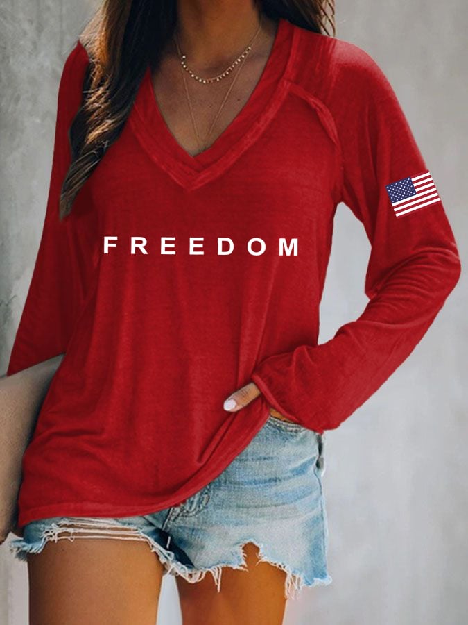 Women's Freedom American Flag Print Casual T-Shirt-America250
