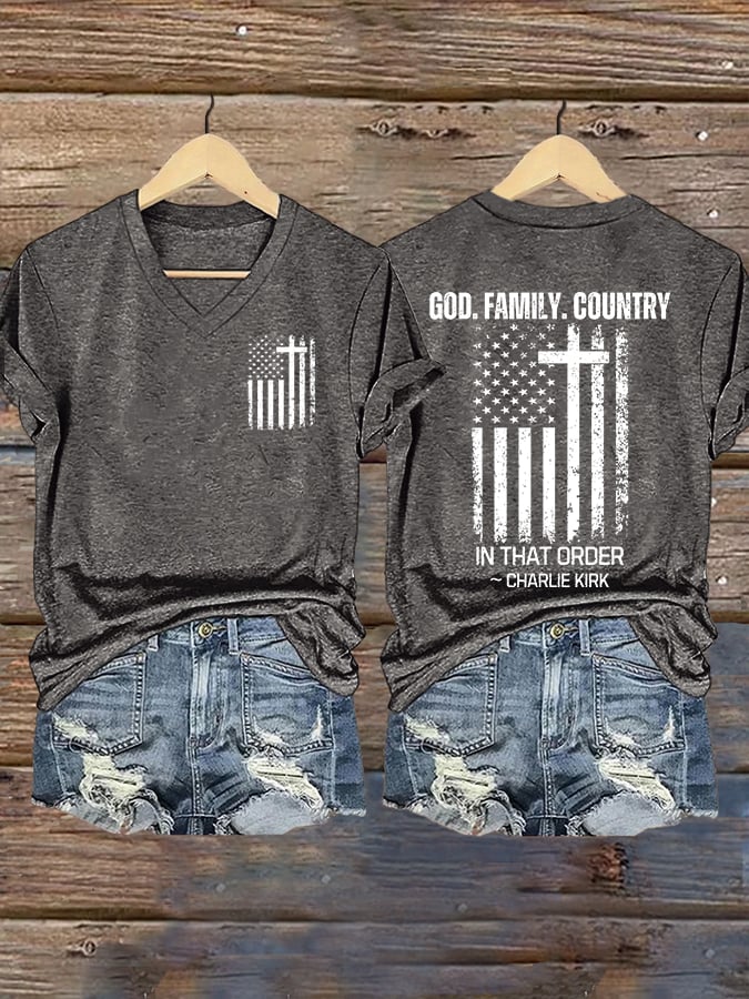 Women's God Family Country In That Order Print V Neck T-shirt-America250