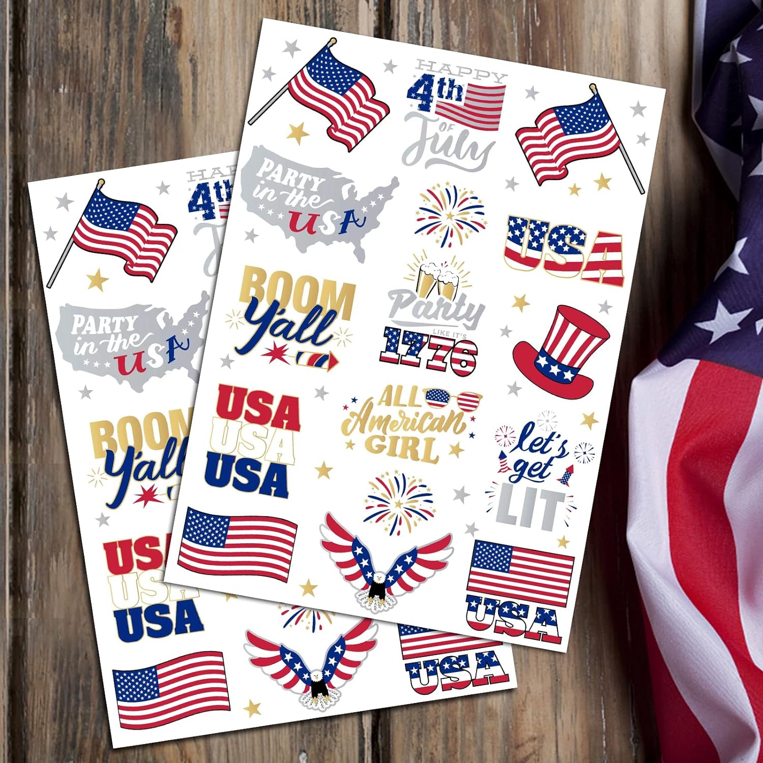 Fourth of July Temporary Tattoos 30 Styles America Glitter Tattoos, USA Flag-America250