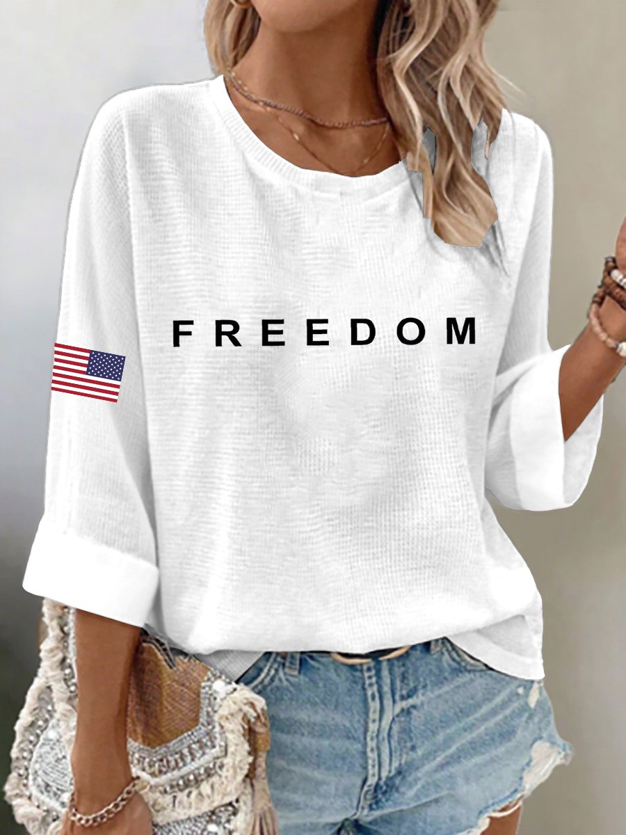 Women's Freedom American Flag Print Waffle Long Sleeve T-Shirt-America250