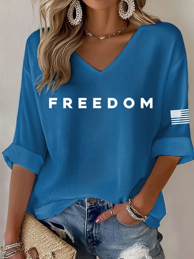 Women's Freedom Print Waffle Long Sleeve T-Shirt-America250