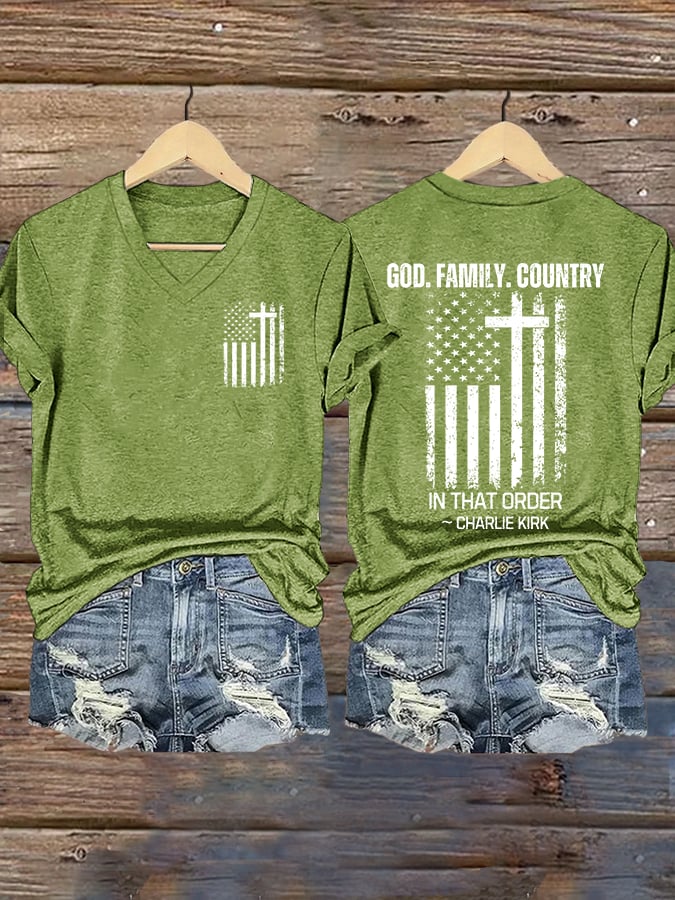 Women's God Family Country In That Order Print V Neck T-shirt-America250