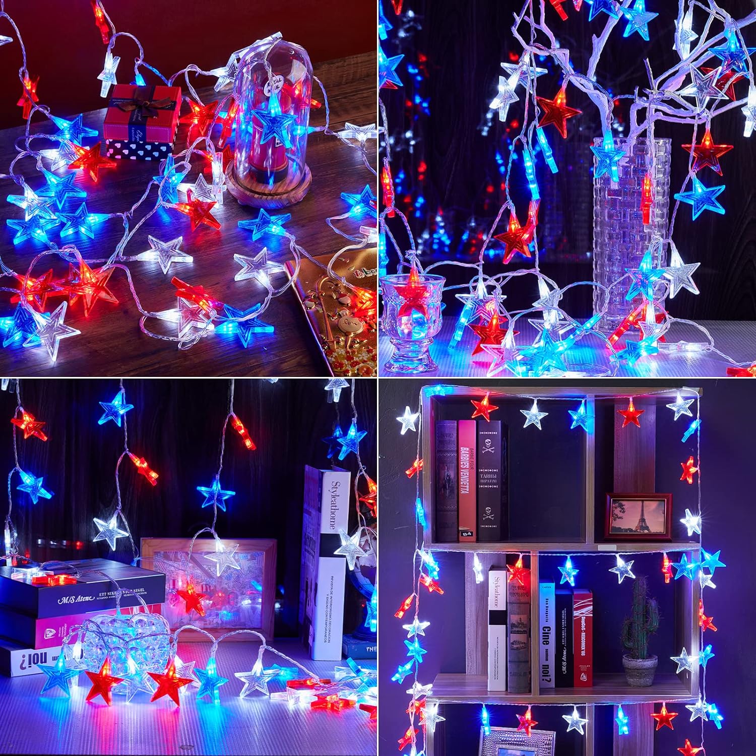 Solar Powered Fairy Lights Red White Blue Stars  60 Stars (9.5 feet)-America250