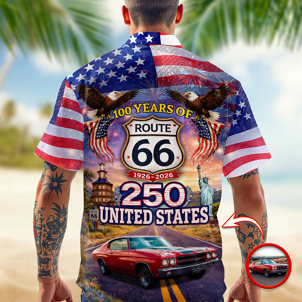 Celebrate 100 Years of Road Route 66 and America 250th Anniversary Custom Car Photo Hawaiian Shirt
