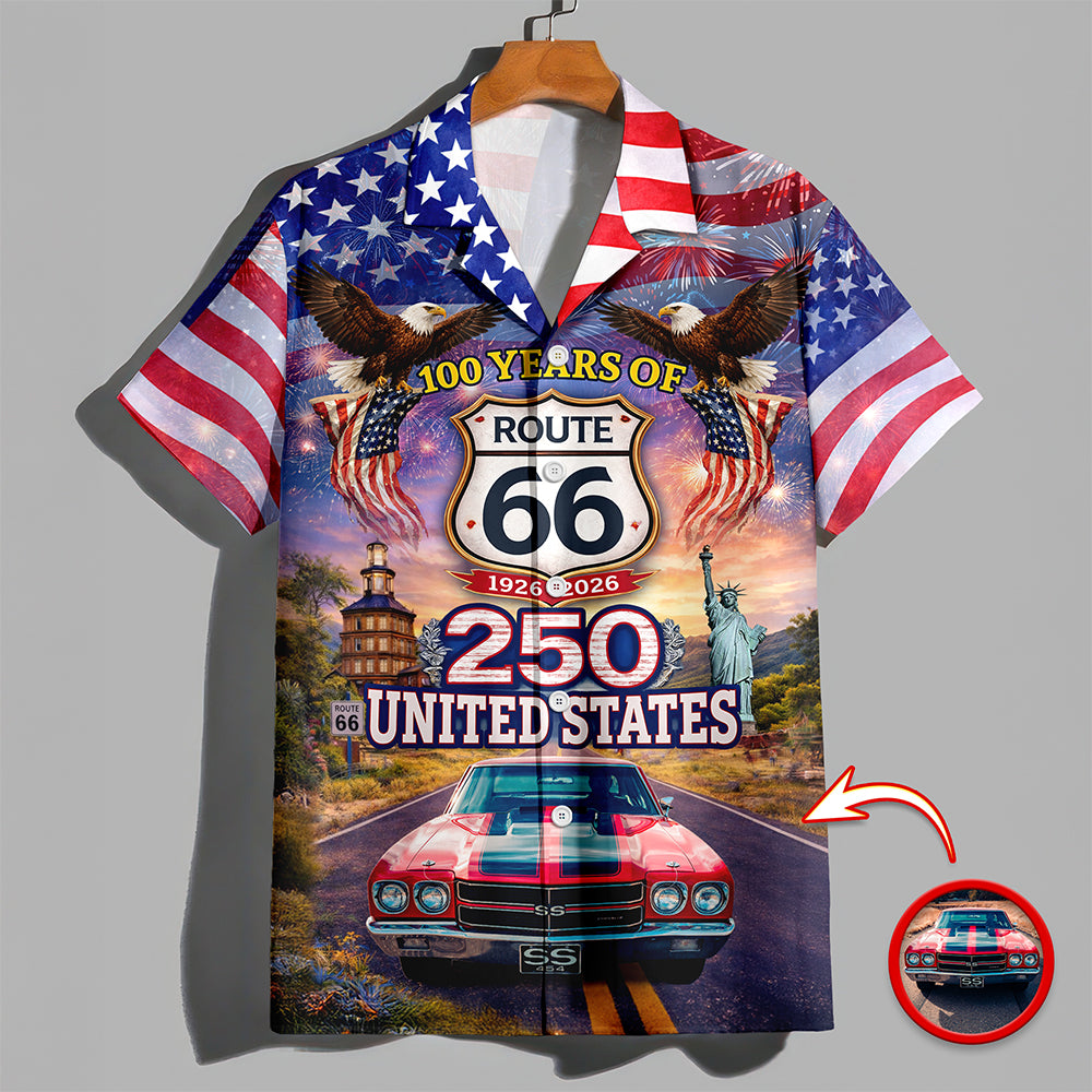 Celebrate 100 Years of Road Route 66 and America 250th Anniversary Custom Car Photo Hawaiian Shirt