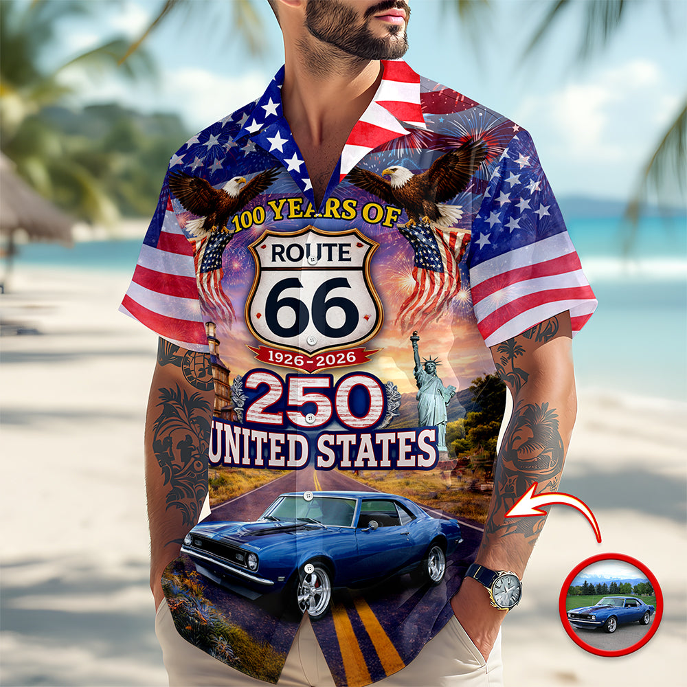 Celebrate 100 Years of Road Route 66 and America 250th Anniversary Custom Car Photo Hawaiian Shirt