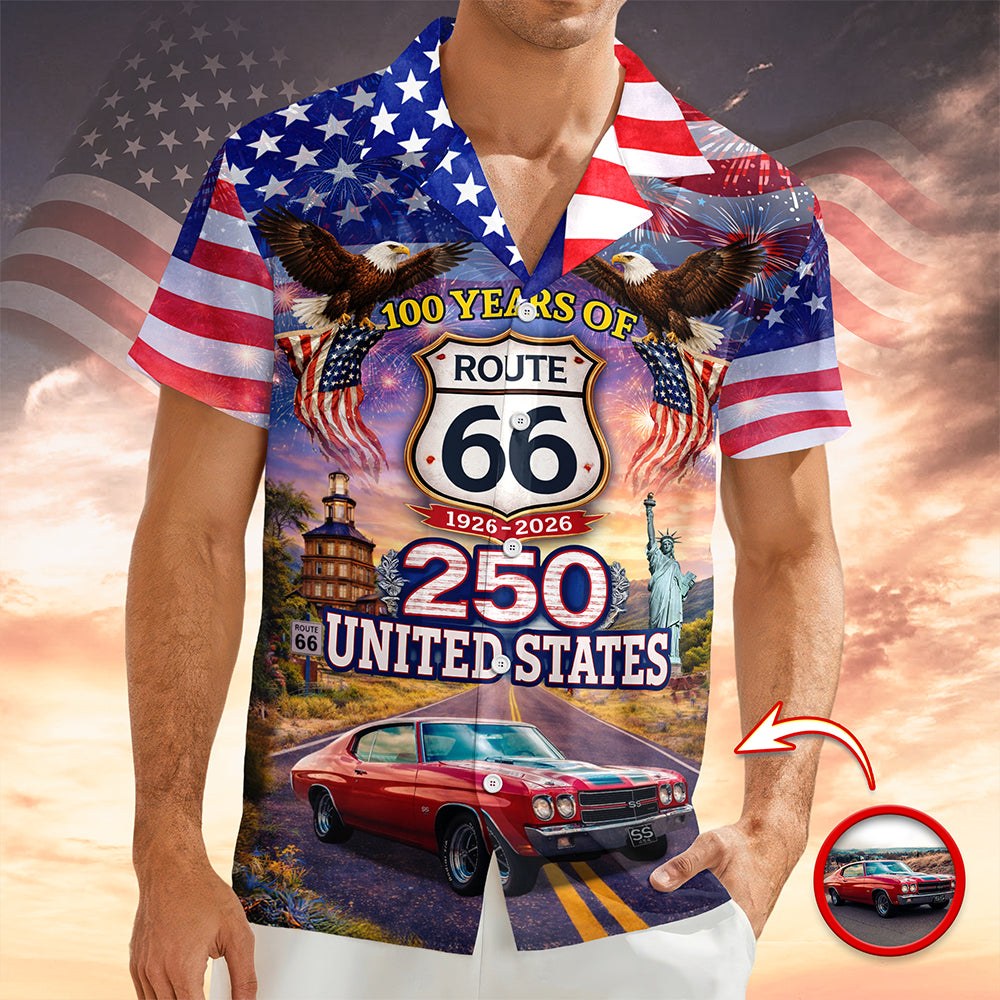 Celebrate 100 Years of Road Route 66 and America 250th Anniversary Custom Car Photo Hawaiian Shirt-America250