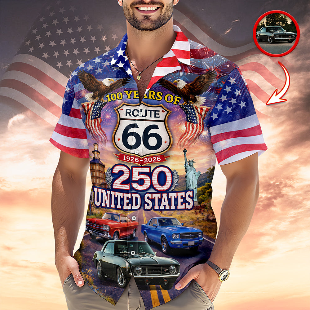 Celebrate 100 Years of Road Route 66 and America 250th Anniversary Custom Car Photo Hawaiian Shirt