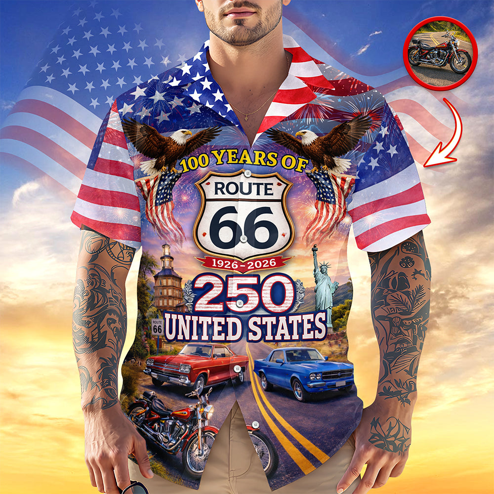 Celebrate 100 Years of Road Route 66 and America 250th Anniversary Custom Car Photo Hawaiian Shirt