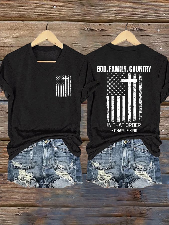 Women's God Family Country In That Order Print V Neck T-shirt-America250