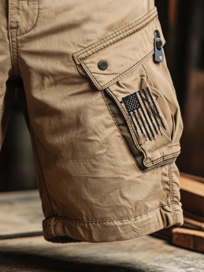 Men's Retro Outdoor Washed & Distressed Multi-Pocket Functional Cargo Shorts-America250