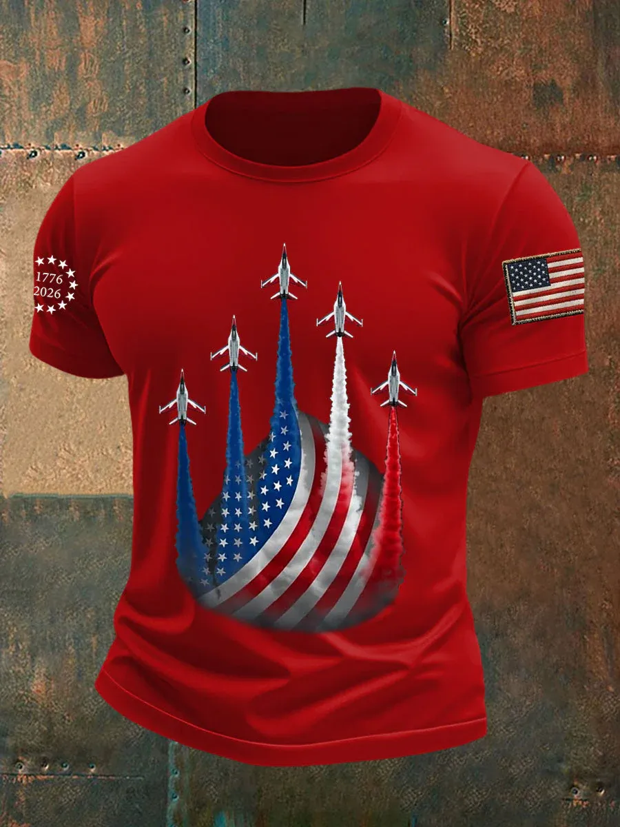 Men's Independence Day American Flag Jet Planes Print Casual Tee-America250