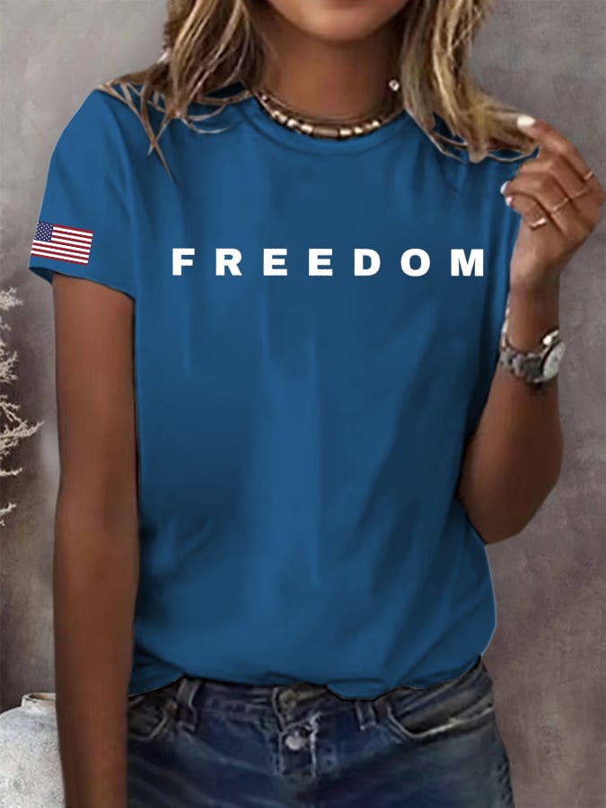 Women's Freedom American Flag Print Casual T-shirt-America250