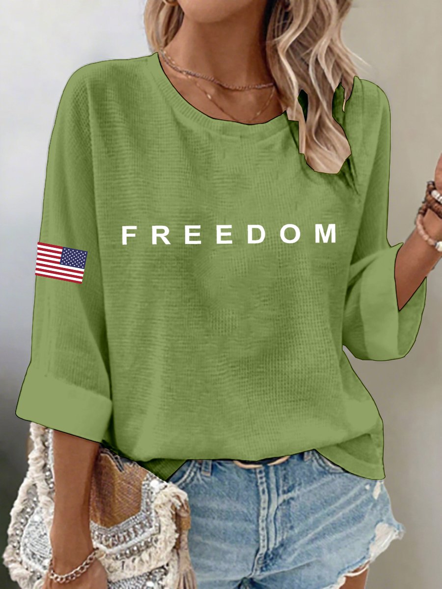 Women's Freedom American Flag Print Waffle Long Sleeve T-Shirt-America250