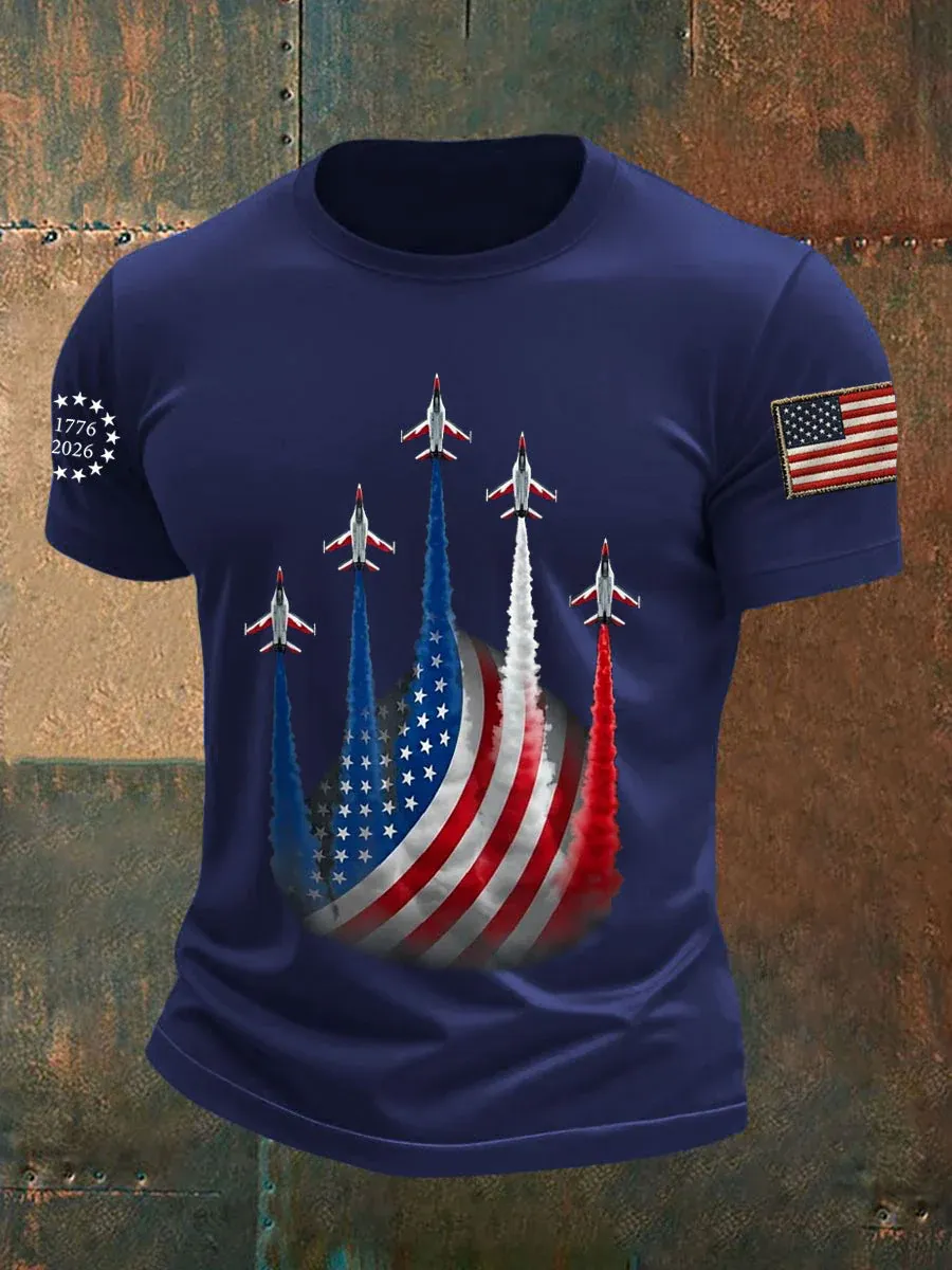Men's Independence Day American Flag Jet Planes Print Casual Tee-America250