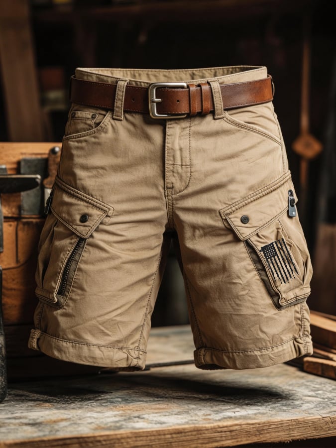 Men's Retro Outdoor Washed & Distressed Multi-Pocket Functional Cargo Shorts-America250
