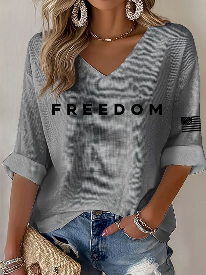 Women's Freedom Print Waffle Long Sleeve T-Shirt-America250