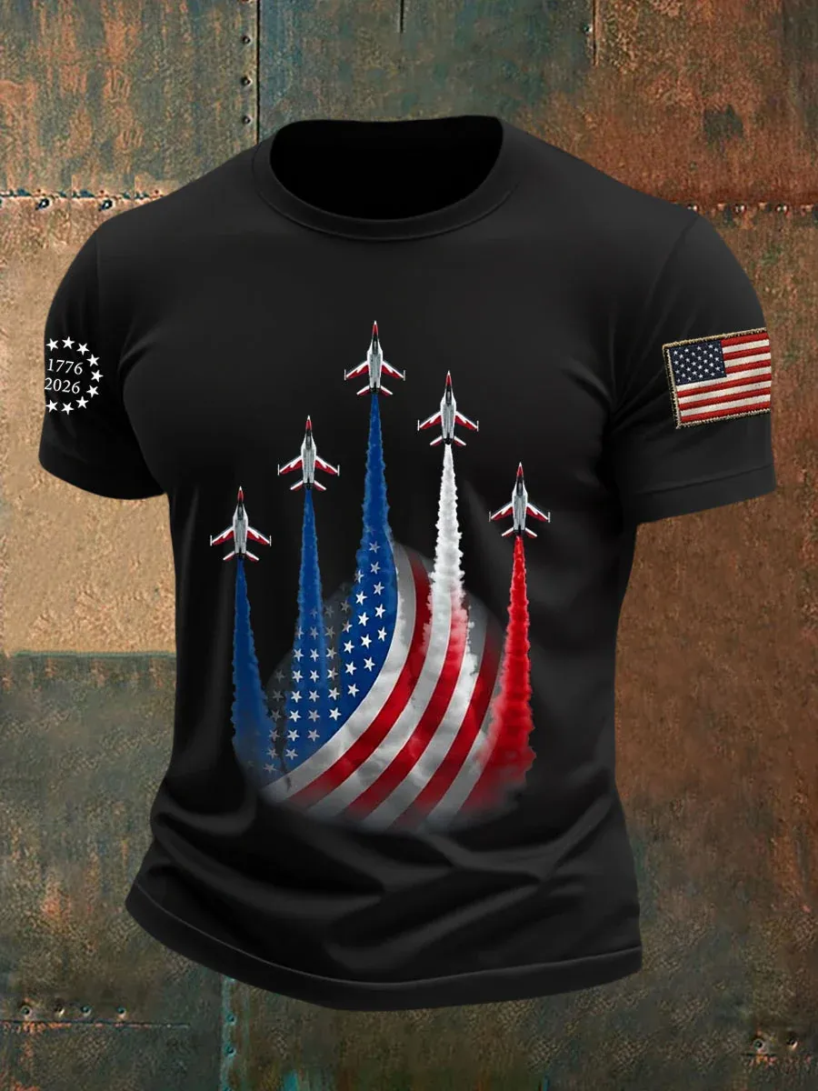 Men's Independence Day American Flag Jet Planes Print Casual Tee-America250