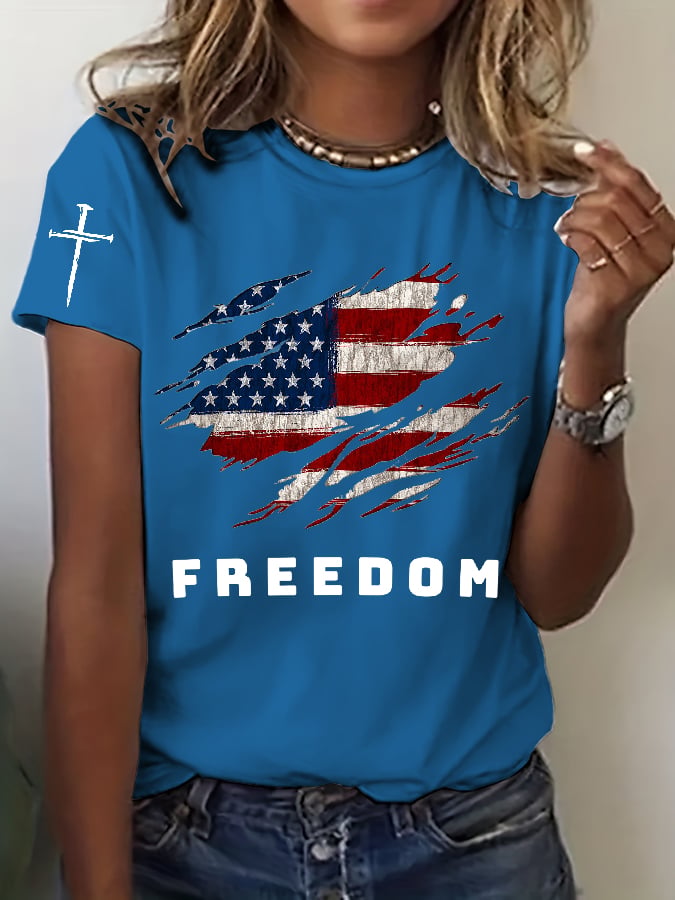 Women's Freedom American Flag Print Casual T-shirt-America250