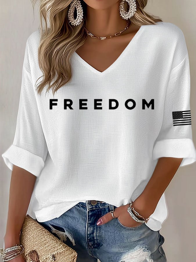 Women's Freedom Print Waffle Long Sleeve T-Shirt-America250