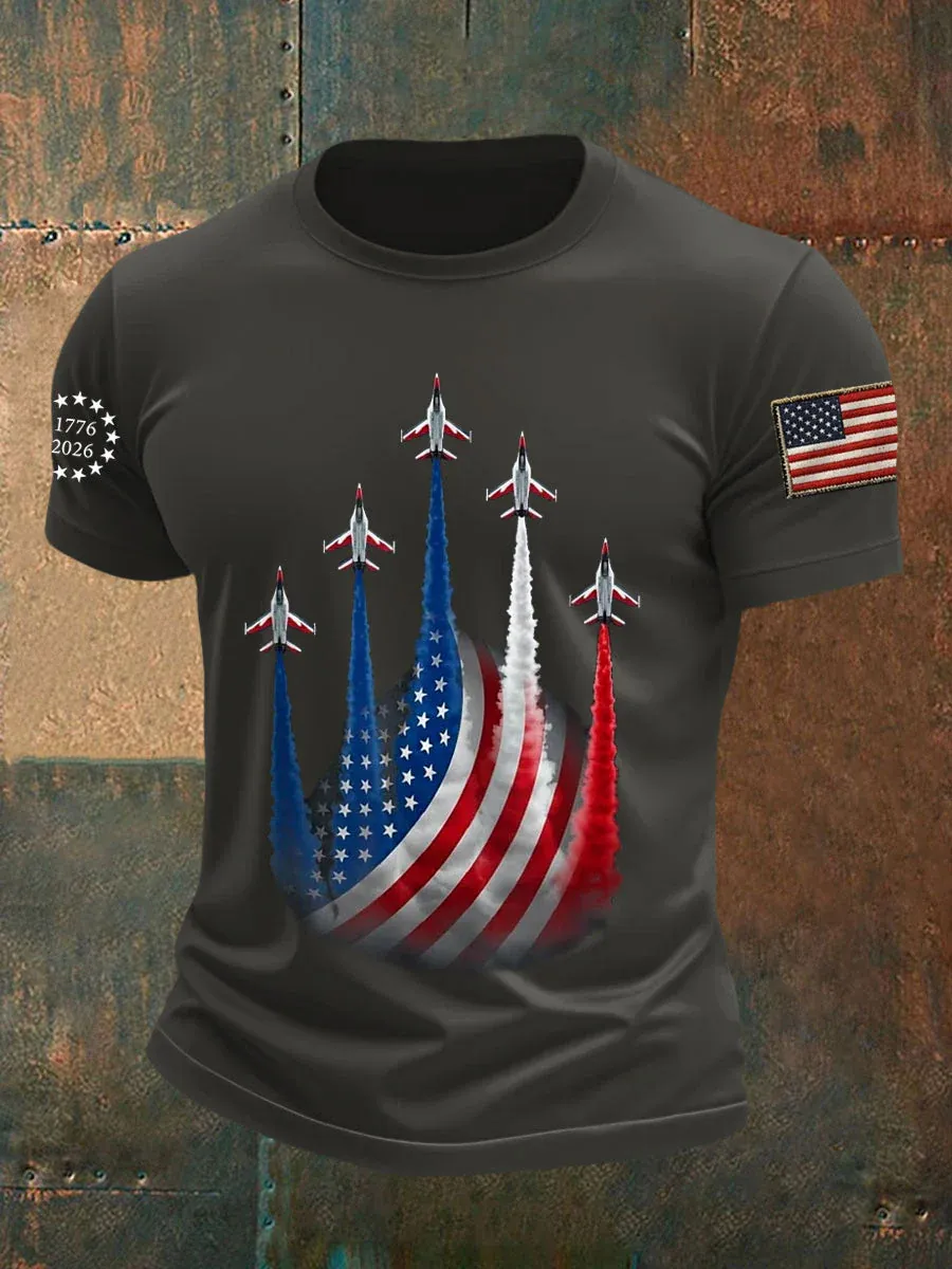 Men's Independence Day American Flag Jet Planes Print Casual Tee-America250